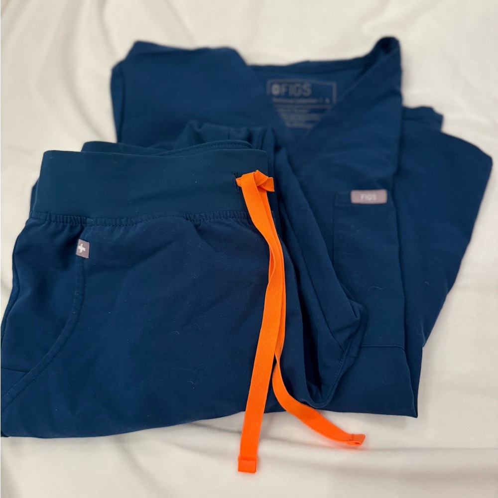 Figs Navy Blue Bottoms and scrub top set with Orange Drawstring